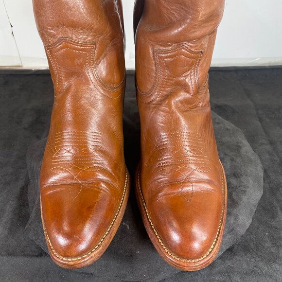 Men's 1970's,  Frye, 9.5 D,  Full Calf Cognac Brown Cowboy Boots, Made in  USA - Picture 4 of 12